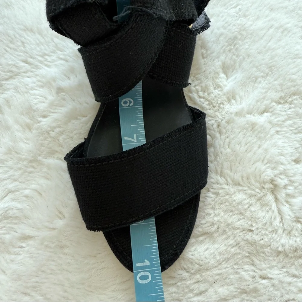 CHANEL Authentic Sandals Canvas Black Gold Color Coco Wedges Size 40 EU or 10 US
